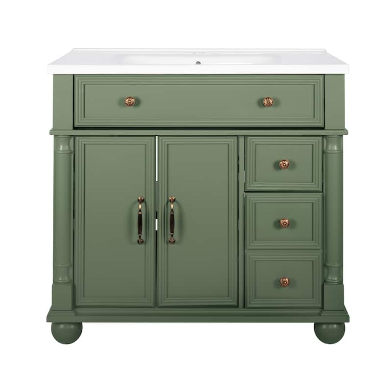 28"/36" Bathroom Vanity with Sink, Integrated Ceramic Basin Vanity Cabinet with Roman Column Base, Solid Wood Frame