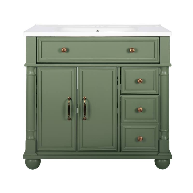 35.6-Inch Mid-Century Bathroom Vanity Sink with Roman Column Base, Farmhouse Freestanding Vanity Cabinet