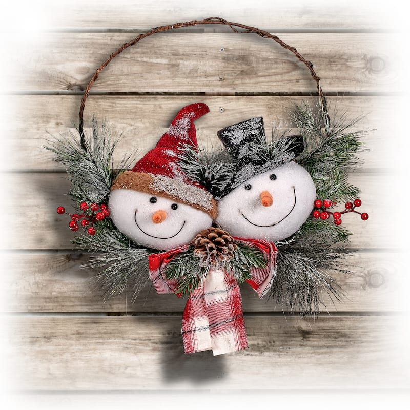 19" Snowman Head Wreath W/Plaid Bow