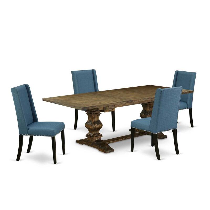 5-Piece Dining Set - Distressed Jacobean Table & Mineral Blue Linen Chairs