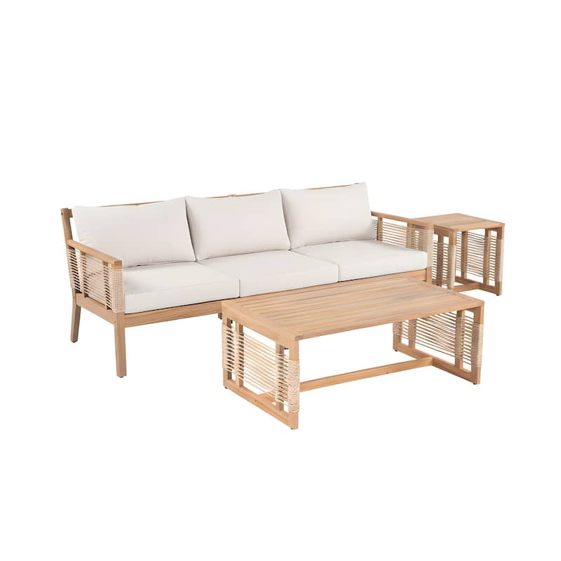 Roomfitters 3-Piece Patio Sofa Set, Modern Outdoor Wood Furniture with 3-Seater Sofa, Coffee Table, Side Table, Teak+Beige