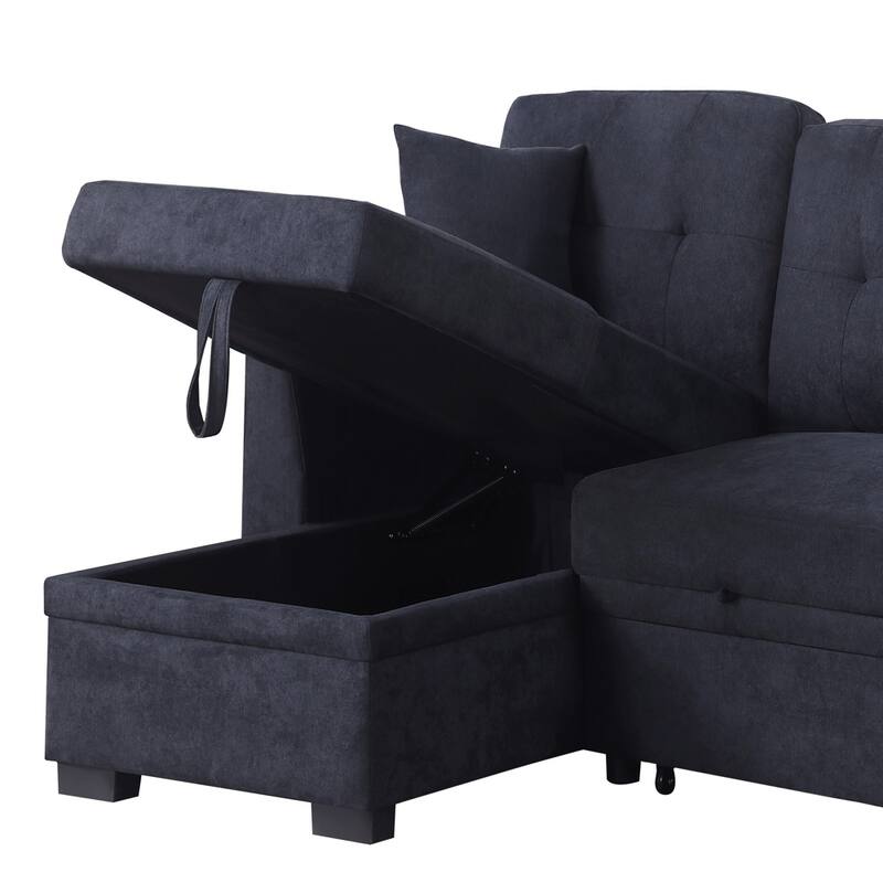Dark Blue Sectional Sofa Bed, Space Saving, Wood Frame
