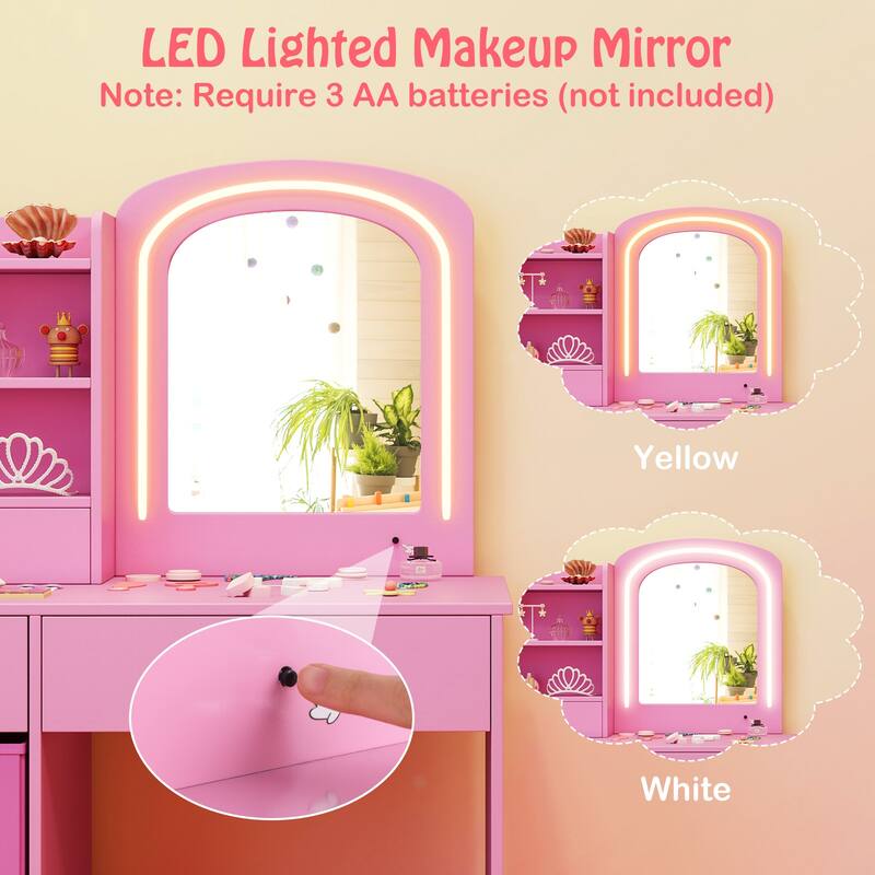 Gymax Kids Vanity Set Princess Makeup Desk & Chair w/ Mirror & Lights