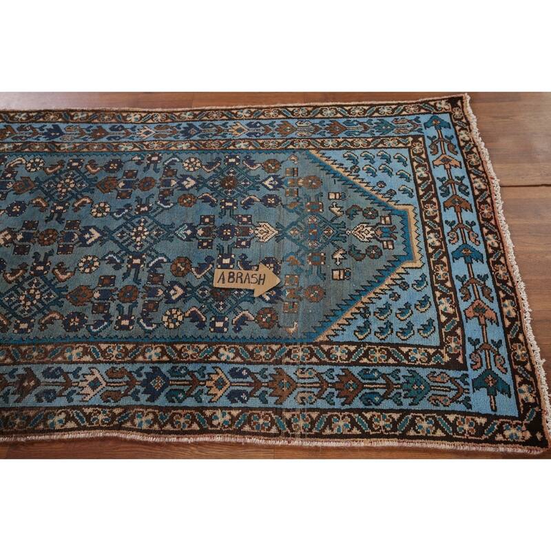 Blue Hamedan Persian Vintage Runner Rug Hand-Knotted Wool Carpet - 3'4" x 9'2"