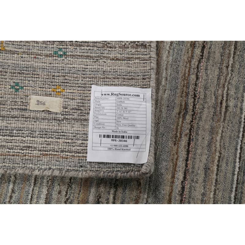 Striped Gabbeh Square Rug Hand-Knotted Gray Wool Carpet - 7'11"x 7'11"