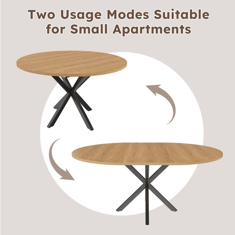 Extendable Round Dining Table for 2-6: 43" to 58" Oak Finish Expandable Table with Carbon Steel Space-Saving Base