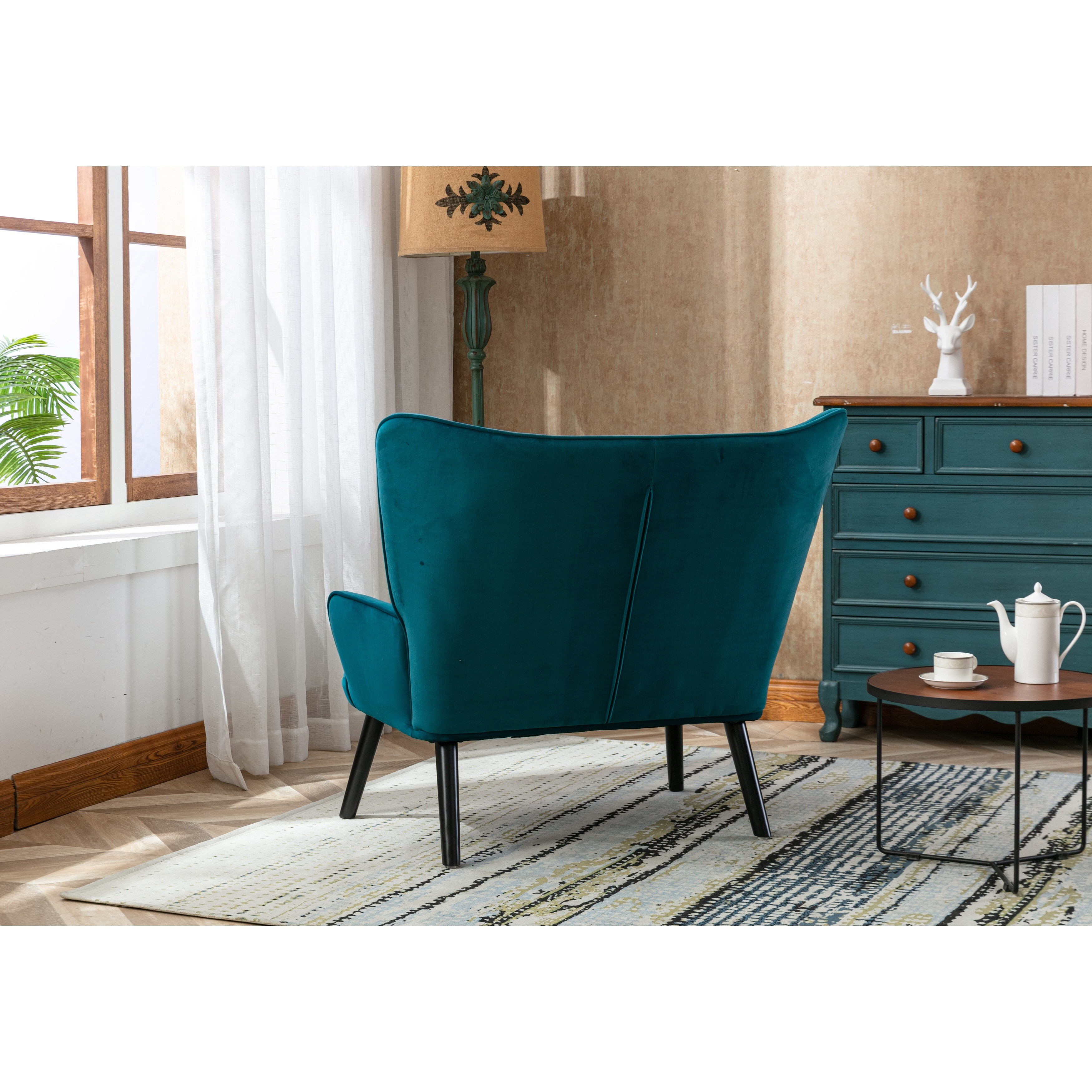 High Back Accent Chair with Wooden Legs Loveseat Sofa Fabric