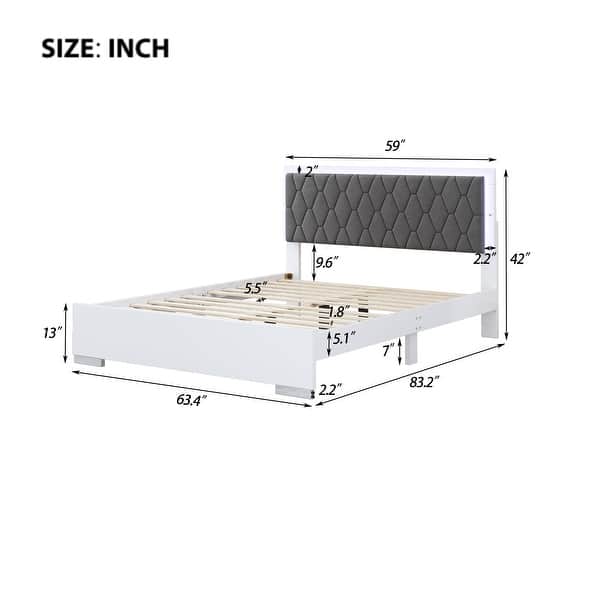 dimension image slide 1 of 2, Queen Size Upholstered Bed with LED Lights and Velvet Headboard, White
