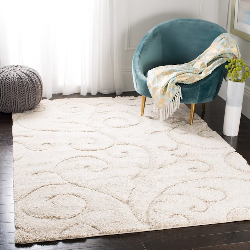 SAFAVIEH Florida Shag Shahin Scroll 1.2-inch Thick Textured Rug - 4'  x  6' - Creme/Creme - Runner/Rectangle