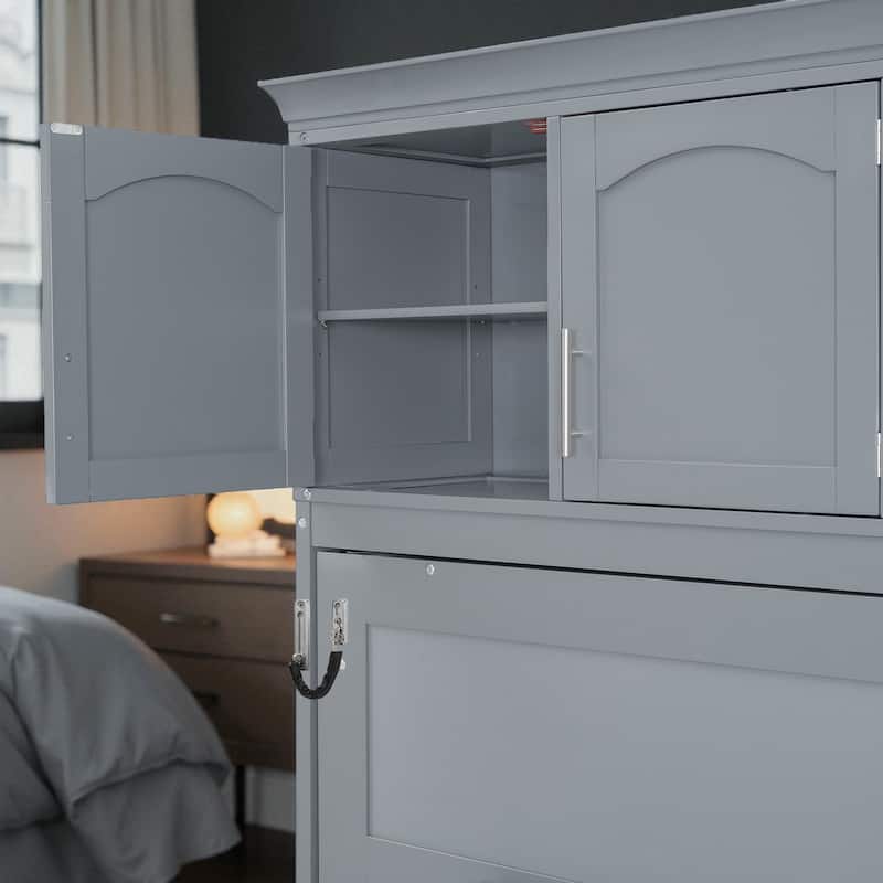 Full Size Murphy Wall Bed with Top Cabinets, Fold-Away Space-Saving Bed with Slat Support, No Box Spring Needed