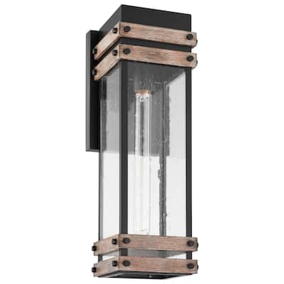 Homestead 1 Light Large Wall Lantern Matte Black & Wood Finish with Clear Seeded Glass