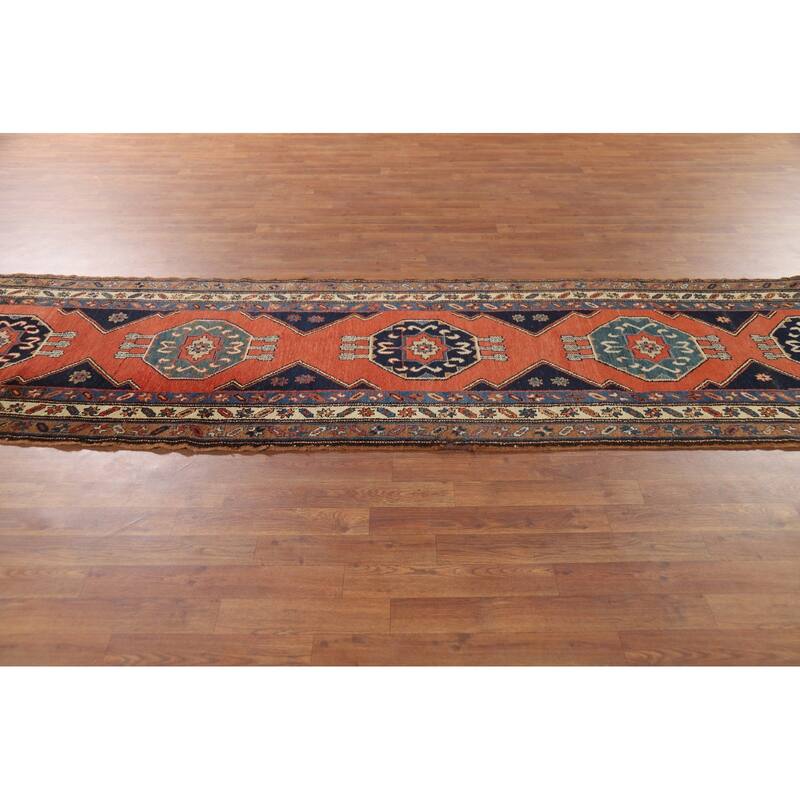 Orange Geometric Bakhtiari Vintage Persian Wool Carpet - 3'0" x 12'1"