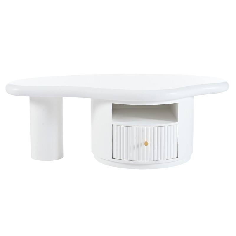 Cream Style Cloud-Shaped Coffee Table Set of 3, Irregular Design Cocktail End Table with Storage Drawer & 2 Small Stools