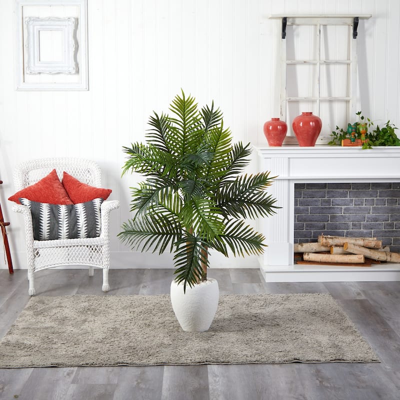 Artificial Areca Palm Tree - 5ft Indoor Faux Plant in White Planter - Realistic Green Foliage Home Decor - 5ft.