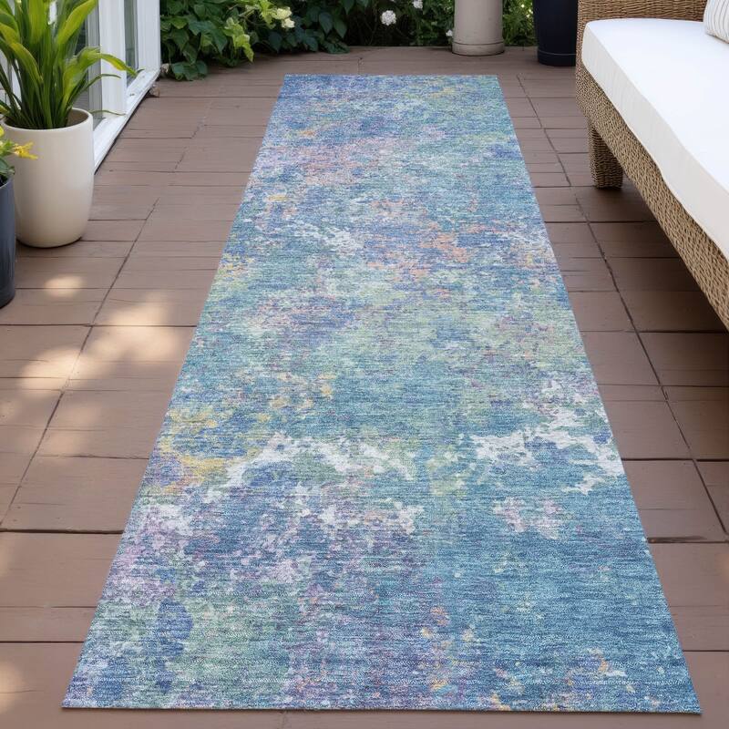 Machine Washable Indoor/Outdoor Abstract Watercolor Chantille Rug - Aqua - 2'3" x 7'6"