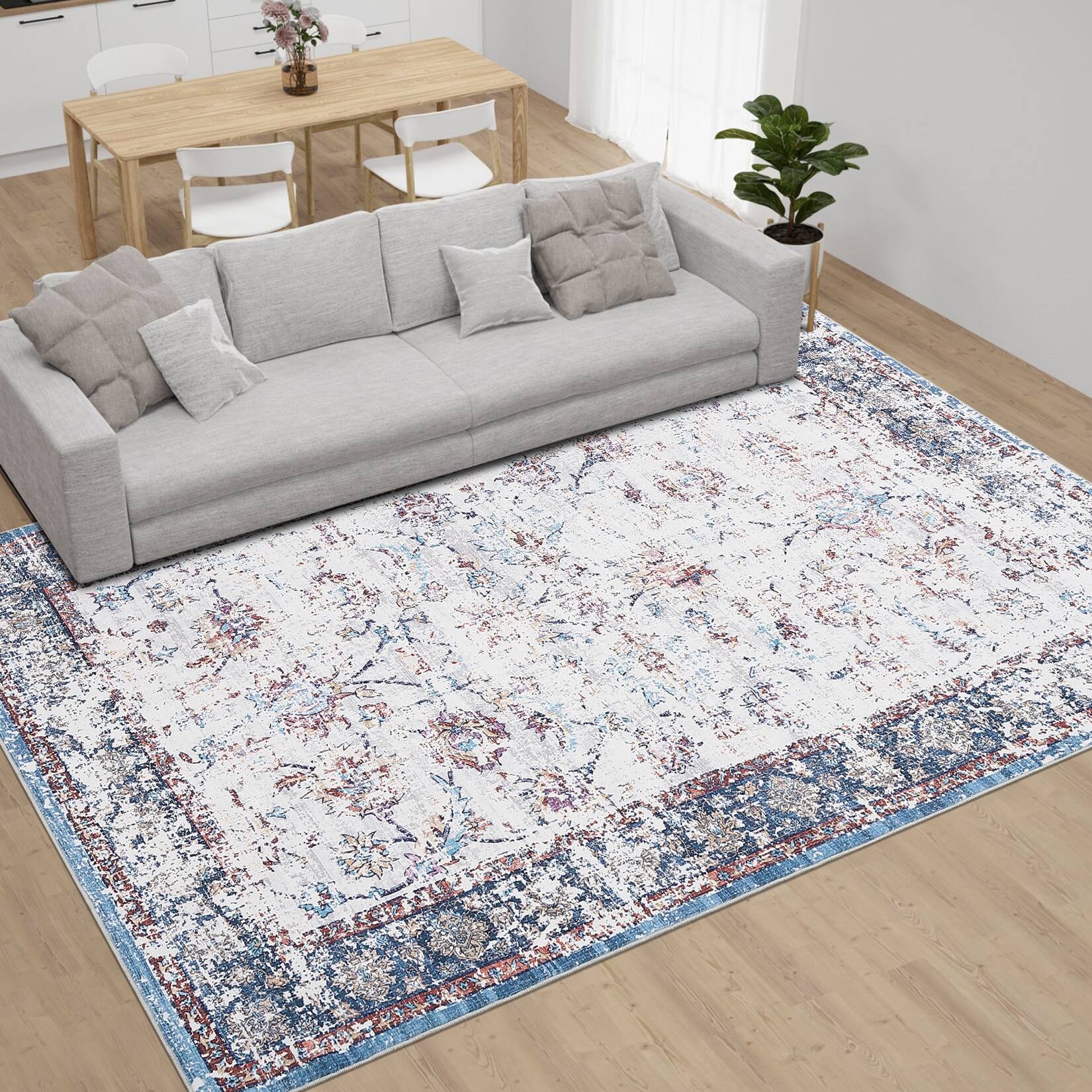 Vintage Area Rug Washable Oriental Floral Soft Non Slip Low Pile Distressed Print Accent Rugs for Living Room Bedroom