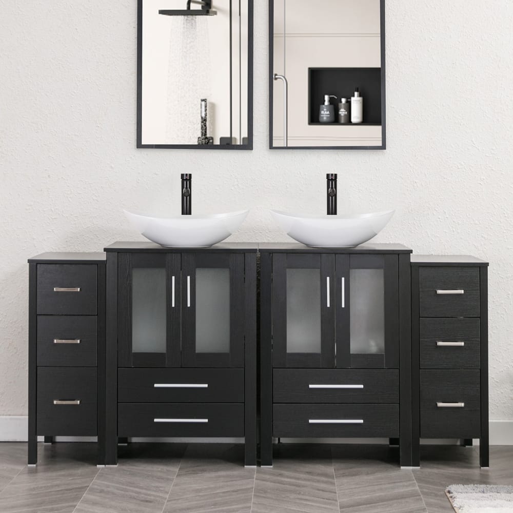 72" Bathroom Vanity Set Glass Ceramic Vessel Sink Side Cabinet Combo