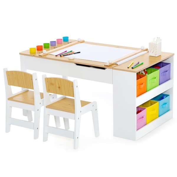 slide 2 of 10, Gymax 2-in-1 Kids Wooden Art Table and Art Easel Set w/ Chairs Paper Natural+White
