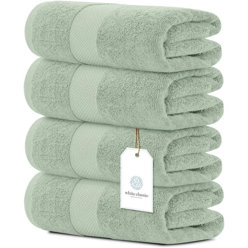 White Classic Luxury Cotton Bath Towel 27x54 - Set of 4 - Green