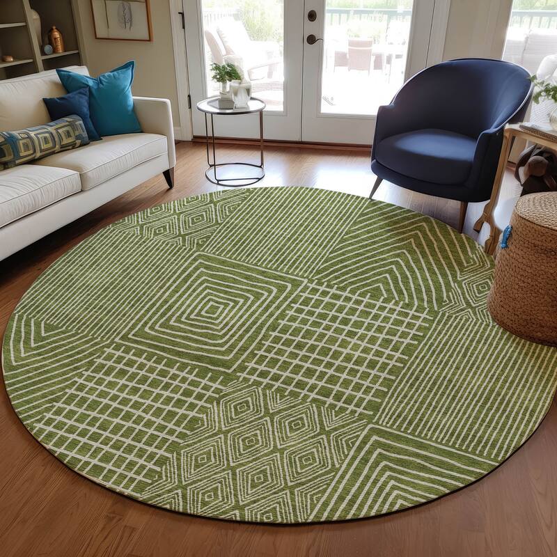 Machine Washable Indoor/ Outdoor Geo Patchwork Chantille Rug - Olive - 8' x 8'