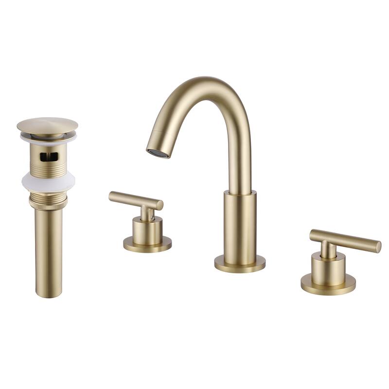 Modland Widespread 3-Hole Bathroom Faucet, 500K Cycle Ceramic Cartridge, 360 Swivel Spout & CEC Certified (Black/Gold/Nickel) - Brushed Gold with Drain
