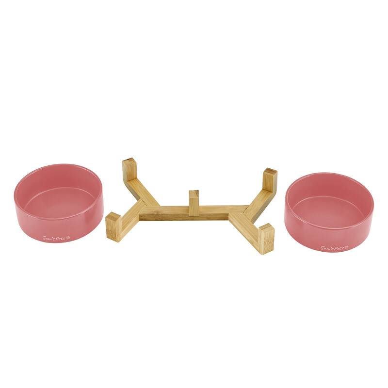 Coco Dual Pet Bowl with Wood Stand 5.11'' in Pink - 10.8