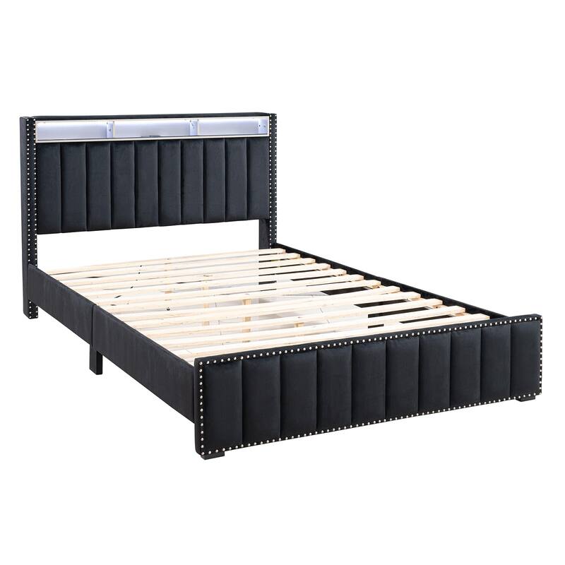 Contemporary Black Finish Upholstered LED Platform Bed 1PC