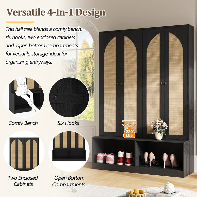 55.1" W Farmhouse Hall Tree, Multi-Functional 4-in-1 Storage