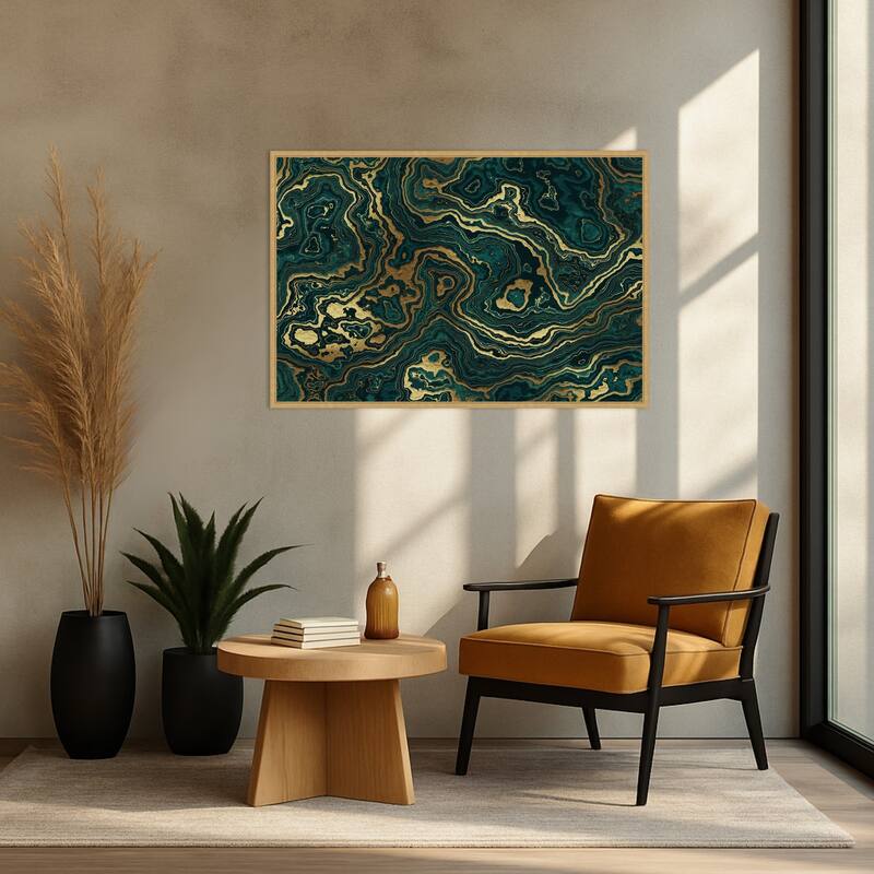 Teal and Yellow Marble Swirl II by Amini54 Framed Canvas Wall Art Print