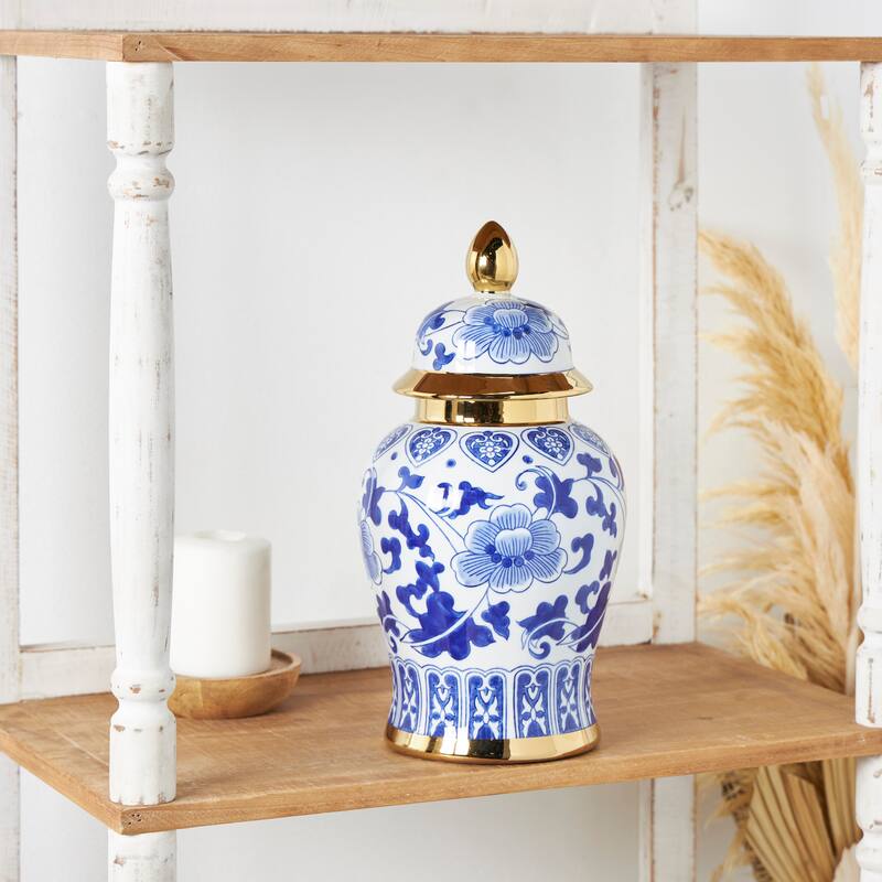 Blue Ceramic Floral Decorative Jars - Blue - 7"W, 14"H