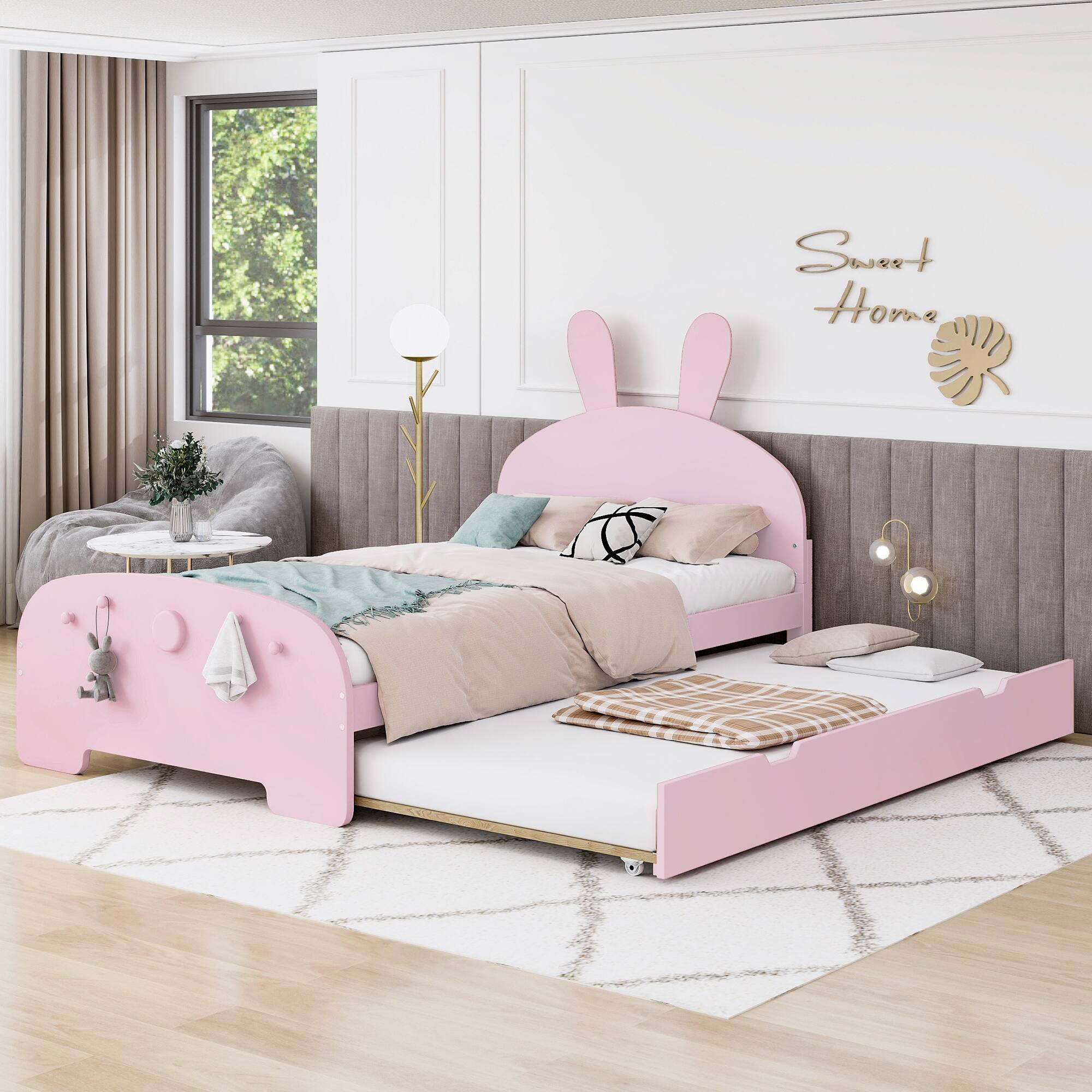 Pink Twin Size Platform Bunk Bed w/ Trundle Upholstered Bed Frame ...