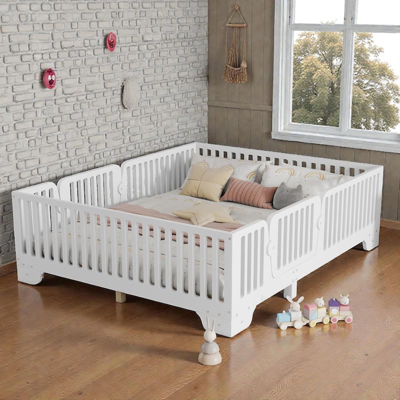 Montessori Floor Bed with Fence and Door, Kids Floor Bed Frame with Slats, No Box Spring Needed - White - Full