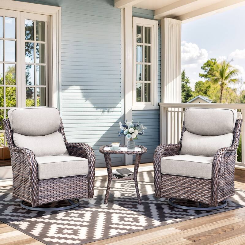 Pocassy Outdoor Glider Chairs Table with 4Inch 5Inch 6Inch Cushion - Brown Wicker Beige Cushion - 3PCS Swivel Chair Table with 6 Inch Cushion