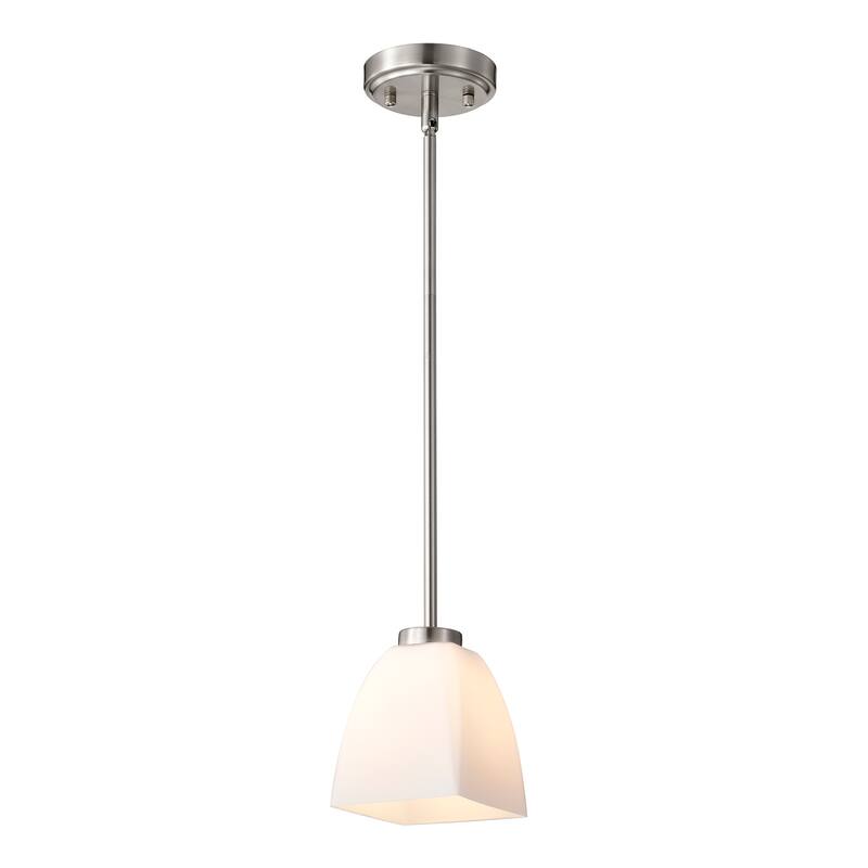 1-Light Brushed Nickel Mini Pendant with Pyramid Shaped Etched White Glass Shade