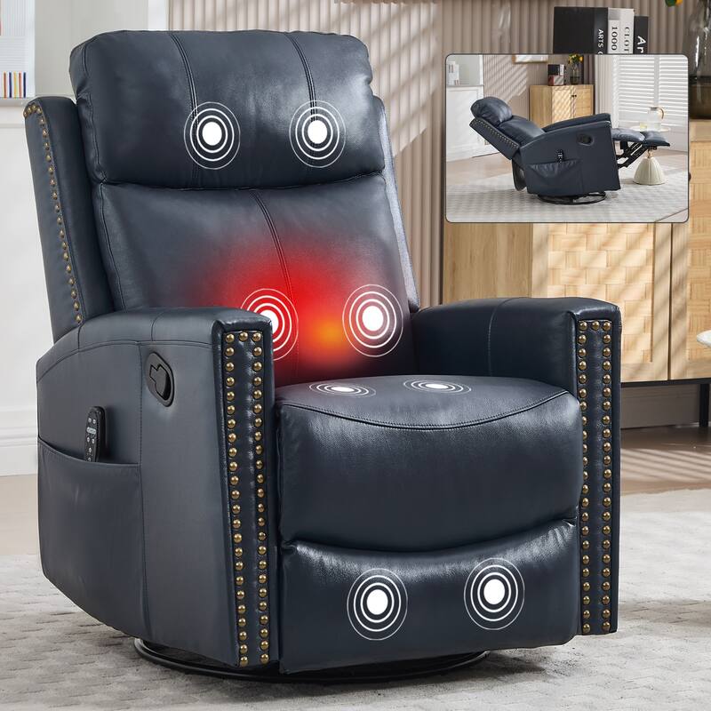 Roomfitters Genuine Leather Swivel Rocker Recliner, Manual Massage Glider with Heat and Top Grain Cowhide, Living Room