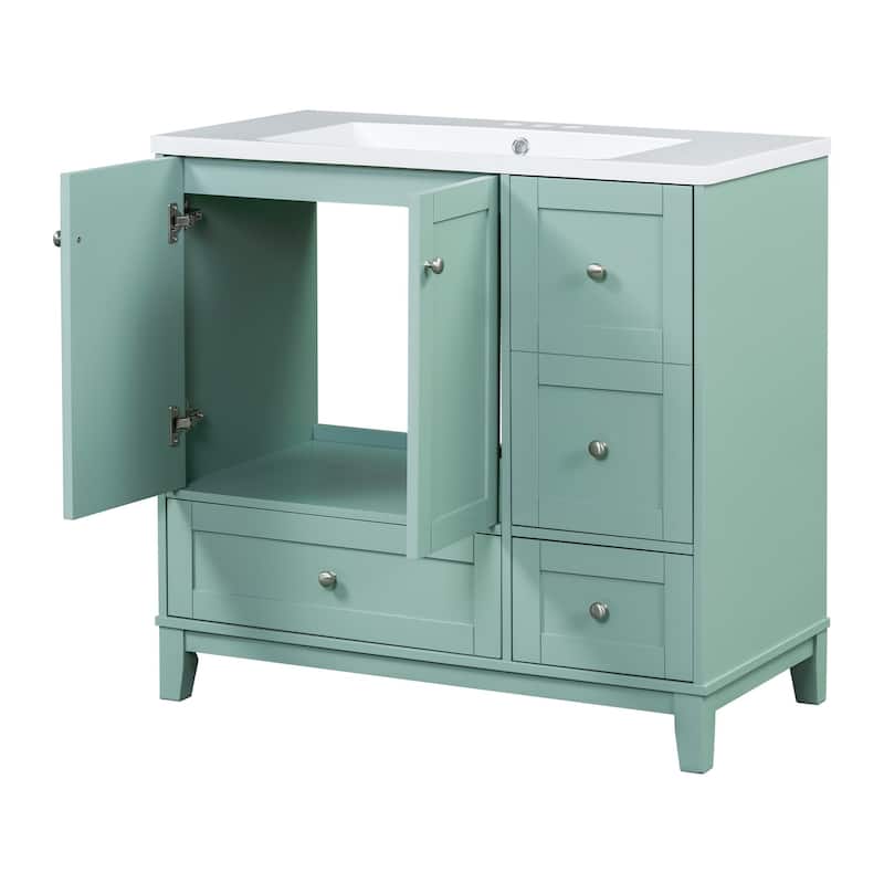 36 Inch Modern Green Bathroom Vanity with USB Charging, Resin Sink, 2 Doors and 3 Drawers