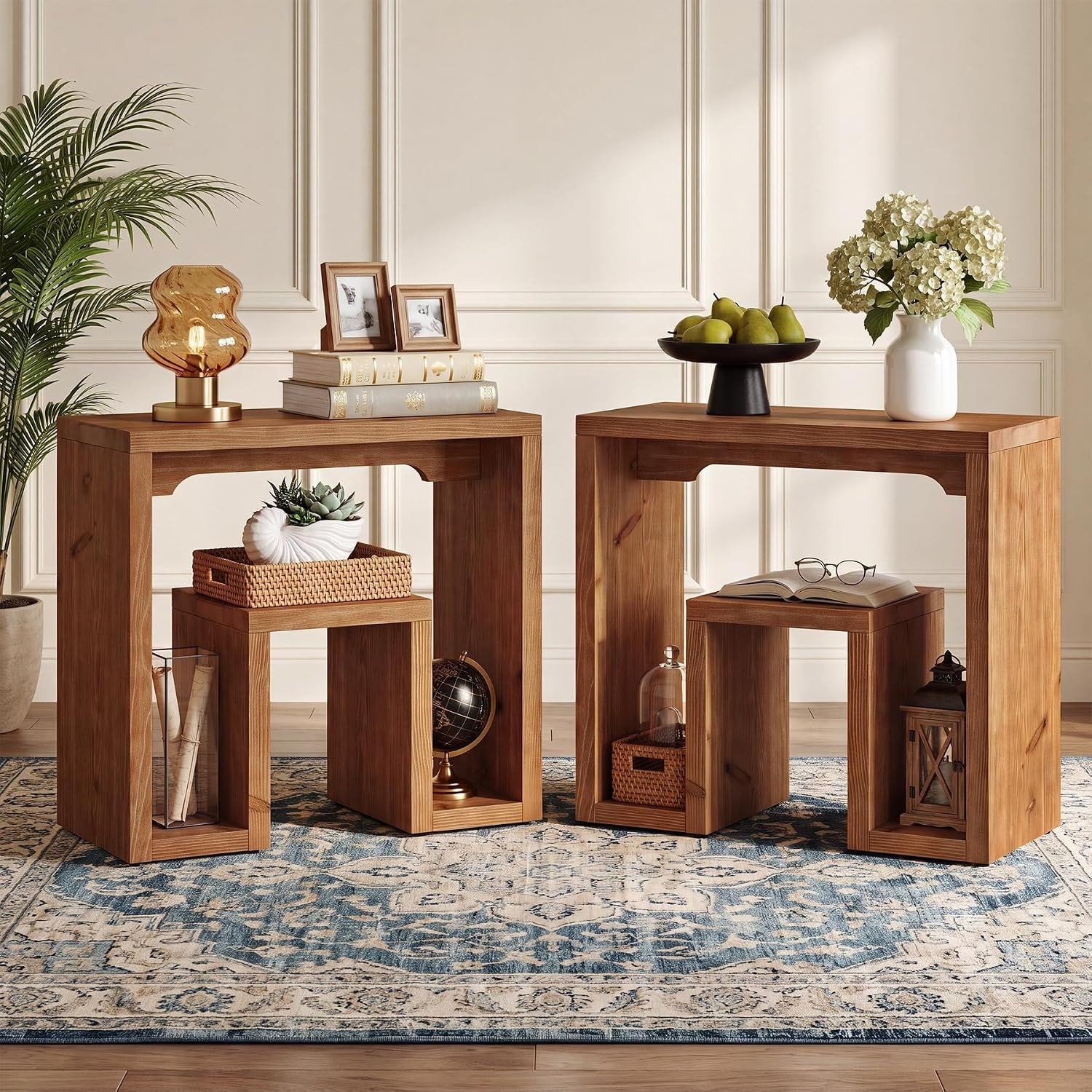 31.5-Inch Solid Wood End Table, U-Shaped Farmhouse Side Table