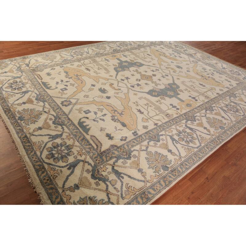All-Over Ivory Oushak Area Rug Hand-Knotted Wool Carpet - 9'0"x 11'10"