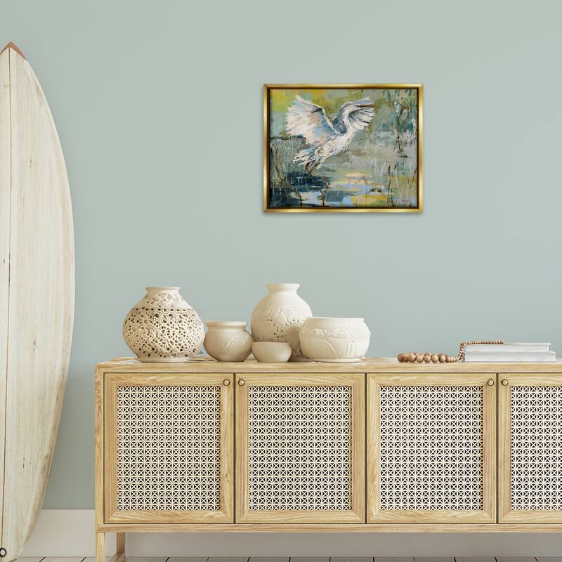 Stupell Radiant Crane at Pond Framed Floater Canvas Wall Art Design By Dusza