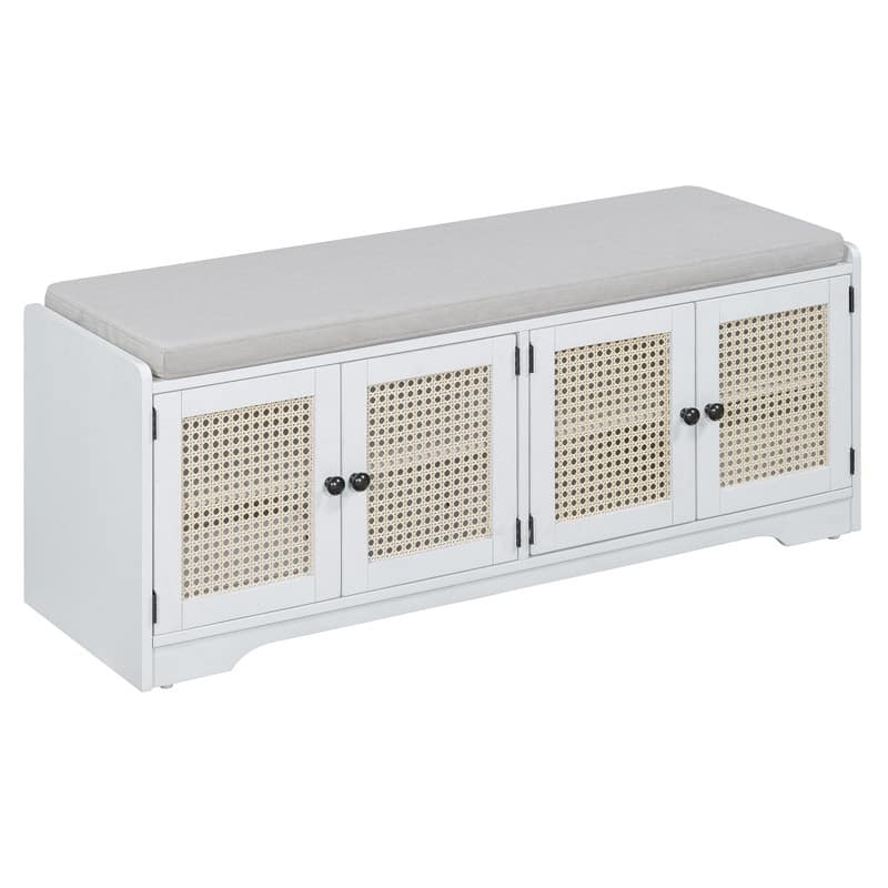 Rustic 47.4" Storage Bench Multifunctional Wooden Entryway Organizer with Removable Cushion and Rattan Doors