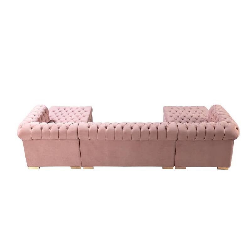 HomeRoots Pink Velvet U Shaped Three Piece Sofa and Chaise Sectional With Toss Pillows