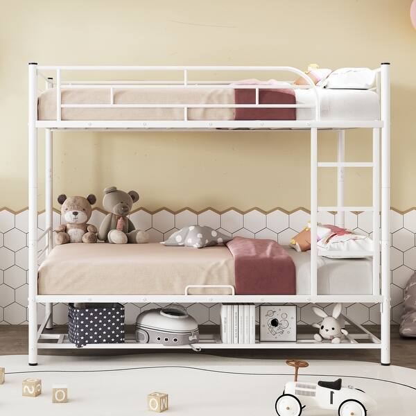 slide 2 of 12, Convertible Metal Twin Bunk Bed with Storage Shelf, Space-Saving White
