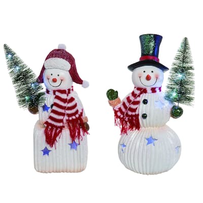 Transpac Resin 12 in. White Christmas Light Up Cheerful Snowman Set of 2