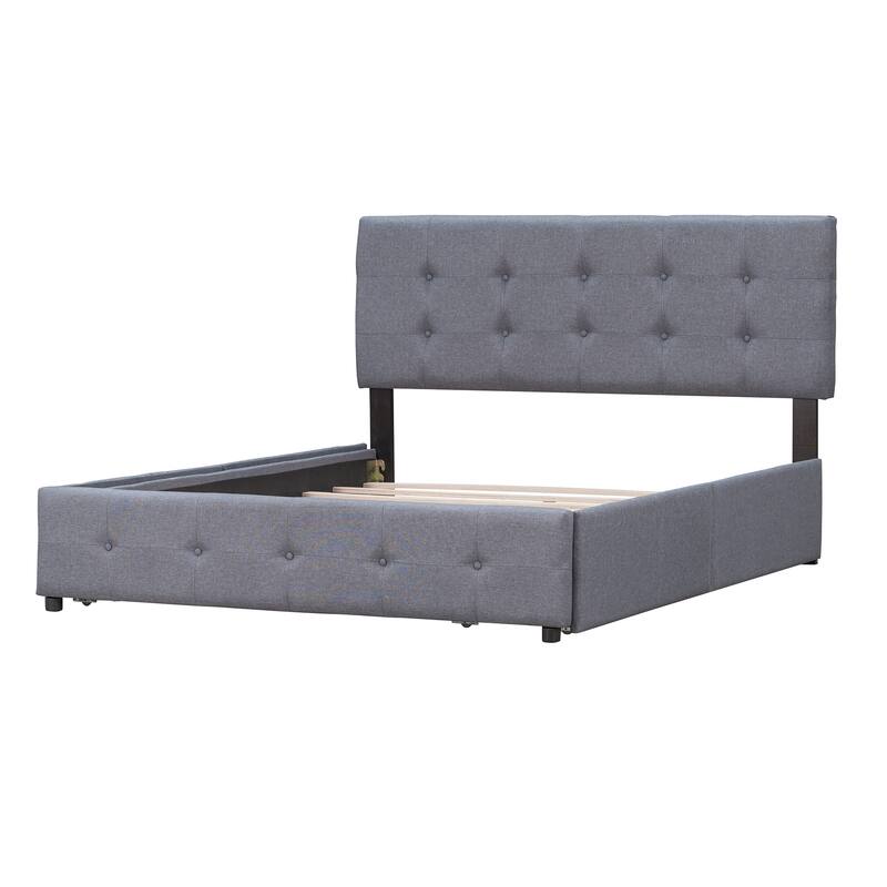 Dark Grey Tufted Design Upholstered Bed Queen Size Platform Bed with 4 Storage Drawers, No Box Spring Needed Slats Bed Frame