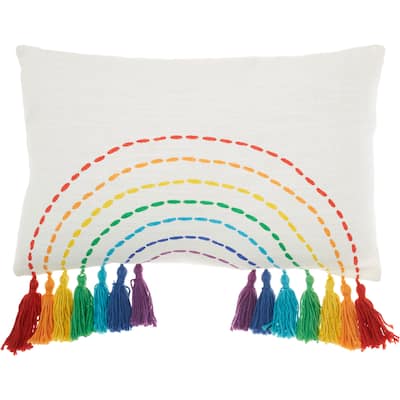 Mina Victory Plush Lines Rainbow With Tassels 12" x 20" Multicolor Indoor Throw Pillow