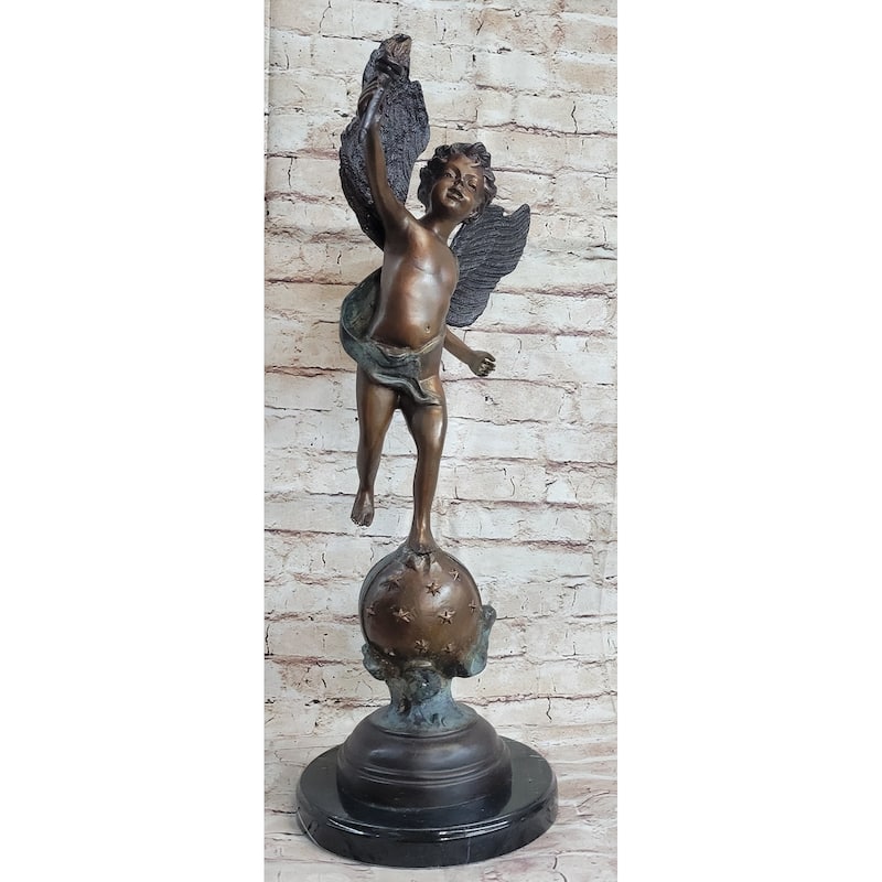 Cherub Cupid W/ Torch Real Bronze Vintage Sculpture Statue After Moreau 24 Inches X 12 Inches
