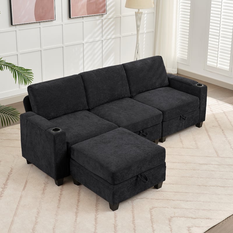Chenille Storage Sofa, 3 Seats with a Removable Ottoman
