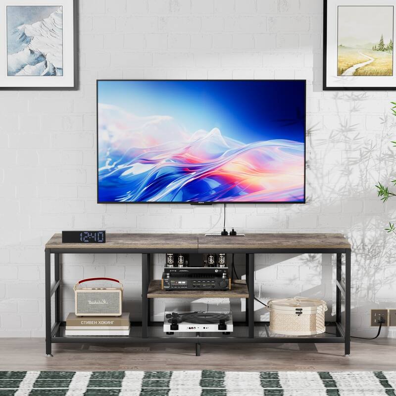 VECELO 55 Inch Grey TV Stand TV Media Console Table Entertainment Center with Power Outlets and Open Storage Shelves - 55 inches