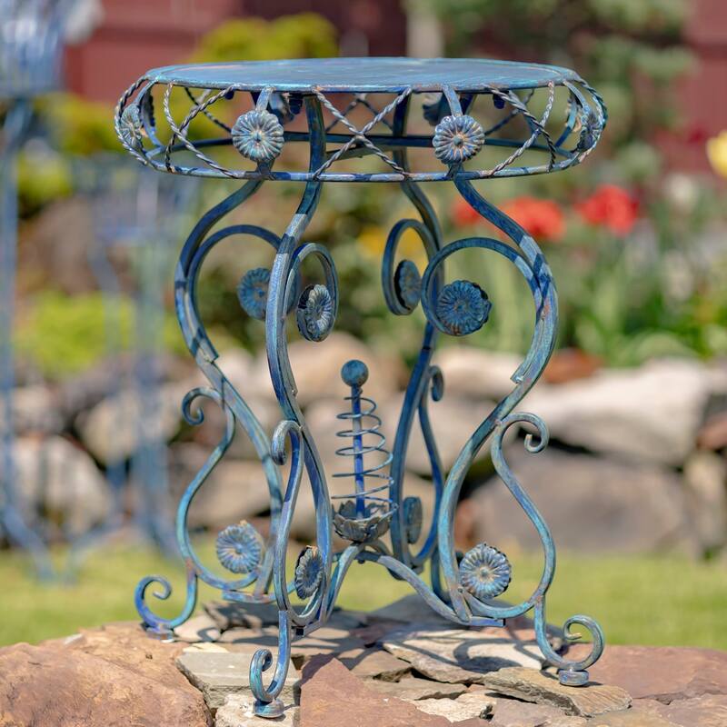 25.2 Inch Tall Round Iron Table with Flower Accents