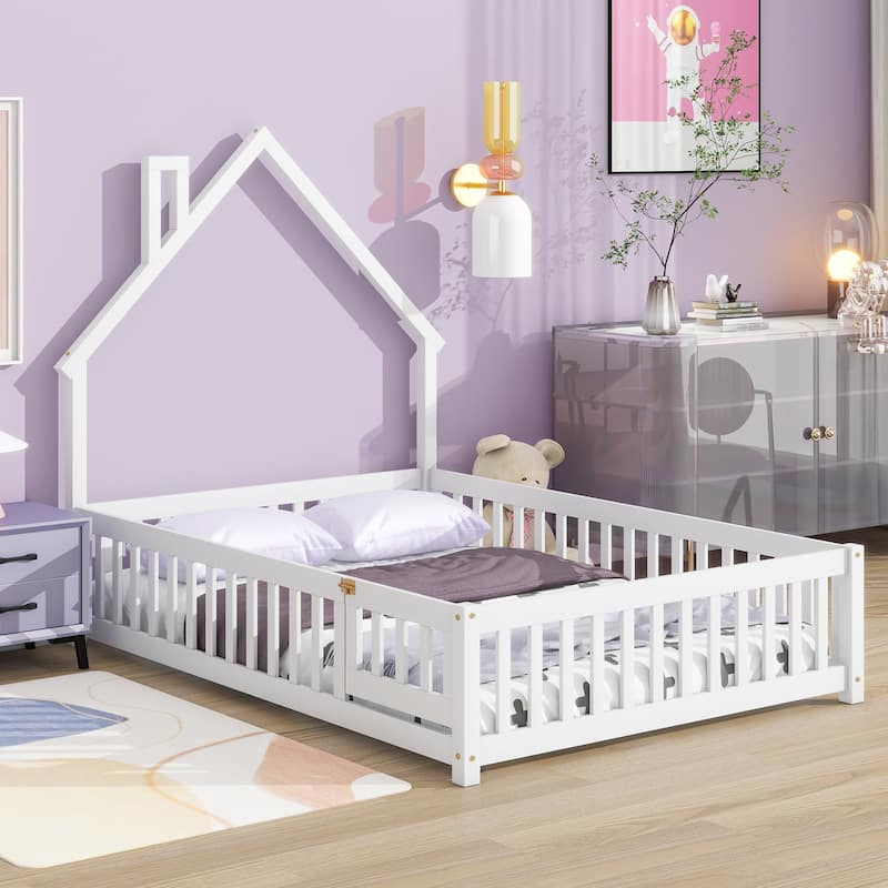 Full House-Shaped Headboard Floor Bed with Fence